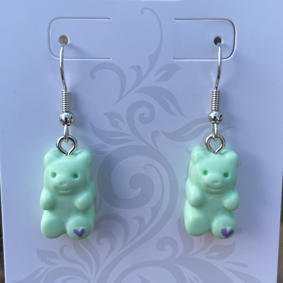 Green Teddy Bear Charm Earrings - Picture 3 of 4